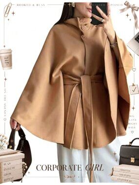 Wool Blend Poncho Cape Coat Batwing Sleeve Belted Trench Outerwear